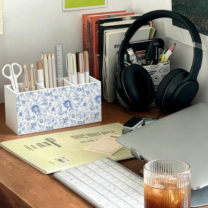 Blue Floral Pen Pencil Holder for Desk, French Country Toile De Jouy Flower Botanical Wooden Box Sign Decorations for Home Office Girls Room Bedroom Desk Tabletop
