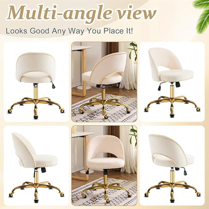 VINGLI Modern Velvet Small Office Chair,Cute Desk Chair with Wheels,Gold Base/Studs, Comfy Armless Swivel Vanity Task Chair for Women/Girl/Kids, Nail Tech Chair for Bedroom,Small Space,Beige