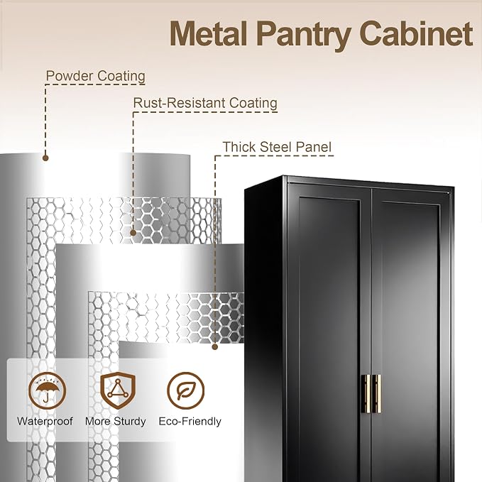71" Tall Kitchen Pantry Cabinet, Metal Kitchen Pantry Storage Cabinet with Doors and 4 Adjustable Shelves, Black Pantry Cabinet for Living, Dining Room, Bathroom