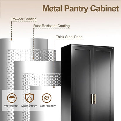 71" Tall Kitchen Pantry Cabinet, Metal Kitchen Pantry Storage Cabinet with Doors and 4 Adjustable Shelves, Black Pantry Cabinet for Living, Dining Room, Bathroom