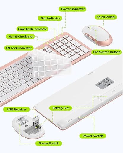 Wireless Keyboard and Mouse Combo, Full Size Slim Thin Cordless Keyboard Mouse with Numeric Keypad, Quiet Computer Keyboard Mice Set 2.4G Stable Connection Adjustable DPI (Rose Gold)