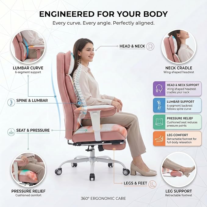 Efomao Watercolor Fabric Executive Office Chair Home Foot Rest, Pink | Soft Breathable Computer Desk Seat, Plush Comfy Cushion, Aesthetic Pastel Floral Patterns for Studio Vanity Cozy Setup