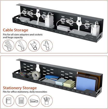 Univivi Under Desk Cable Management Tray - 32" Steel Cord Organizer, No-Drill C-Clamp & Screw Mount for Office/Home, Effortless Wire Management (Black)