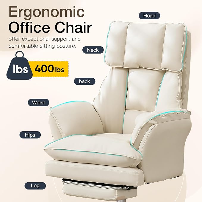 Cloud Cross Legged Office Chair with Footrest,Leather Big and Tall Executive Ergonomic Chair, Flip Armrests for Pets,155° Reclining Computer Wide Desk Chair for Home,Office (Beige)