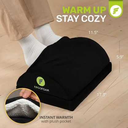 ErgoFoam Foot Rest for Under Desk at Work with Warm Feet Pocket - Chiropractor-Endorsed Foot Rest Warmer, High-Density Foam, Velvet