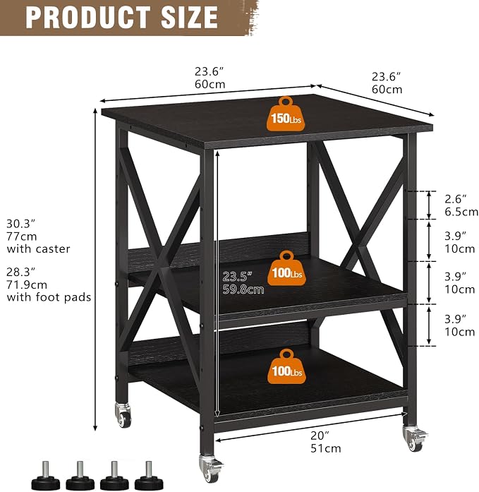 VENNQD 23.6 x 23.6 x 30.3 Inches Printer Stand, Large Printer Table with Adjustable Middle Shelf, Rolling Printer Cart with Wheels, 3 Tier Printer Table for Home Office Living Room Scanner Fax, Black