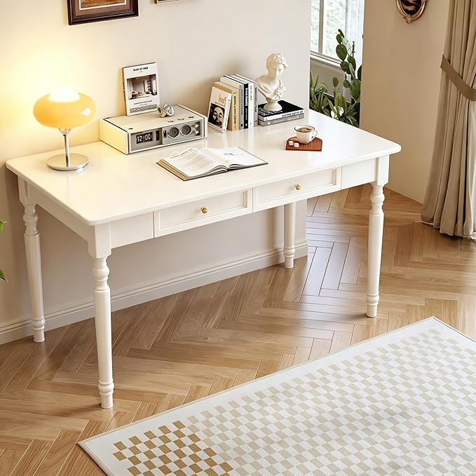Solid Wooden Desk with Drawers, Small Writing Desk with Drawers for Computer, PC Desk for Work, Study or Gaming, Easy to Assemble (Ivory White, 39in)