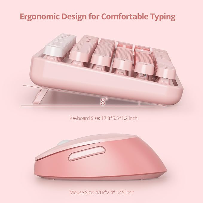Wireless Keyboard and Mouse Set, Retro Typewriter Keyboard, 2.4GHz Full Size 104-Key Cute Keyboard with Number Pad, Colorful Keyboard with Round Keycaps for Windows PC Laptop(Pink)