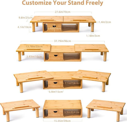 Dual Monitor Stand Riser with Drawer for Desk Laptop Desk Shelf with Adjustable Length and Angle, Bamboo Computer Stand Riser for 2 or 3 Monitors Screen Laptop PC TV -Natural