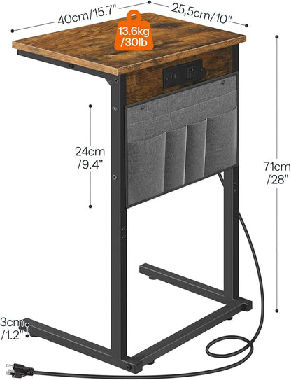 HOOBRO C Shaped End Table with Charging Station, 28" H Couch Side Table Slide Under, Sofa Arm Tray Table with Storage Bag for Living Room, Recliner, Rustic Brown BF70USF01