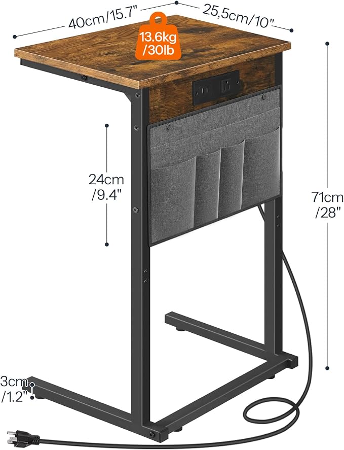 HOOBRO C Shaped End Tables with Charging Station, Set of 2, 28" H Couch Side Tables Slide Under, Sofa Arm Tray Tables with Storage Bag for Living Room, Recliner, Rustic Brown BF70USFP201