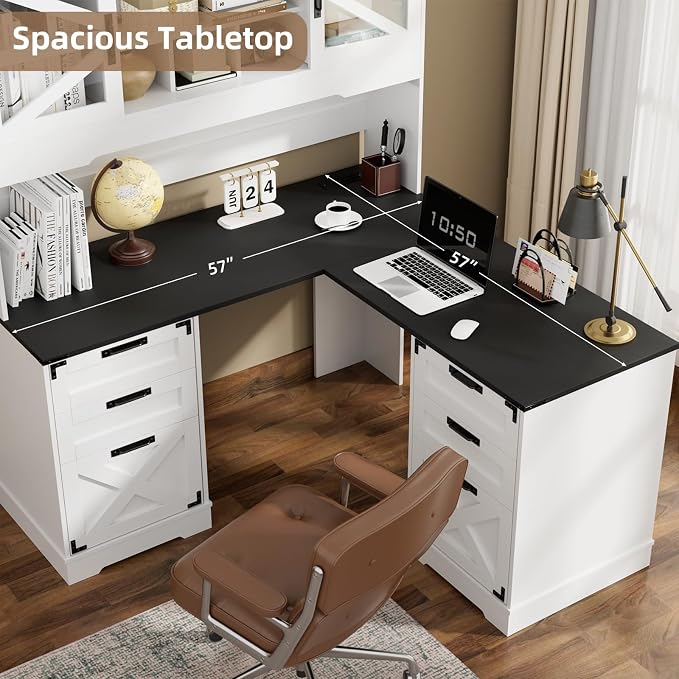 VOWNER Farmhouse L Shaped Executive Desk with Hutch and 6 Drawer, 57" Home Office Desk with Power Outlet and 2 File Drawers, Corner Computer Desk with Storage Shelves and Sliding Door for Home Office