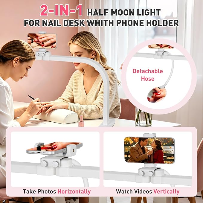 HITTI Half Moon Light for Nail Desk with 5X Magnifier, 30" Foldable LED Arch Tech Lamp with Phone Holder for Manicure, Handicraft, Art, Eyelash Extension - 3 Color Modes & 10 Brightness, Home & Salon