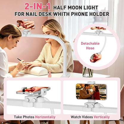 HITTI Half Moon Light for Nail Desk with 5X Magnifier, 30" Foldable LED Arch Tech Lamp with Phone Holder for Manicure, Handicraft, Art, Eyelash Extension - 3 Color Modes & 10 Brightness, Home & Salon