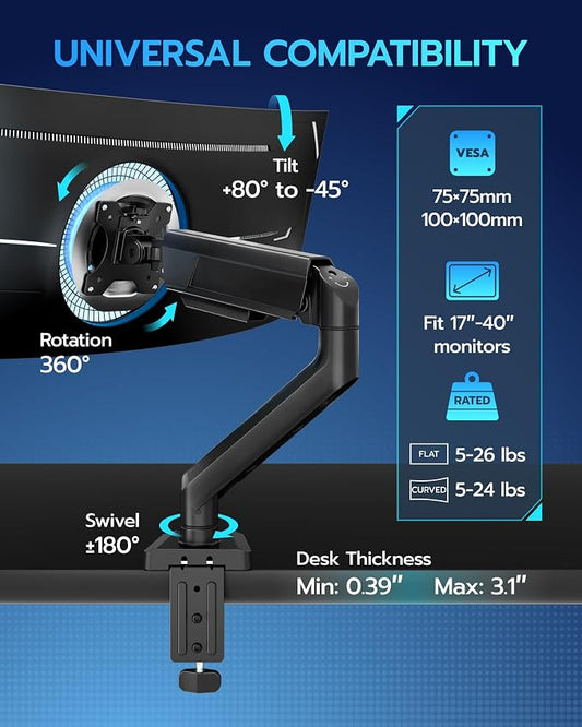 ARES WING Heavy Duty Single Monitor Arm - Fully Adjustable Monitor Mount for 17"-40" Ultrawide Screens up to 26.4 lbs with Clamp/Grommet Desk Mount and USB A/C, 75/100 Vesa Mount, Black