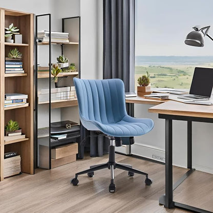YOUNIKE Blue Office Desk Chair with Wheels Comfy Armless Vanity Chair with Back Modern Small Faux Leather Upholstered Rolling Task Chair Cute Computer Drafting Sewing Chair Swivel Adjustable Compact