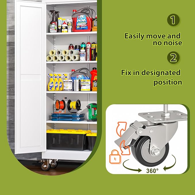 74.8" H Metal Garage Storage Cabinet with Doors and Shelves, Rolling Storage Cabinet with Lock, Steel Cabinets on Wheels, Large Tool Locker for Garage, Home Office, Shop, White