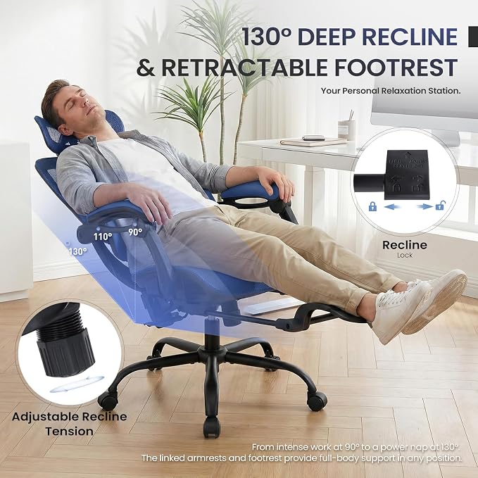 MALOL Ergonomic Mesh Office Chair with Footrest, Executive High Back Computer Desk Chair with 3D Adjustable Headrest & 5-Level Lumbar Support, Reclining Tilt Lock, 3D Arms, 300LBS Capacity, Blue