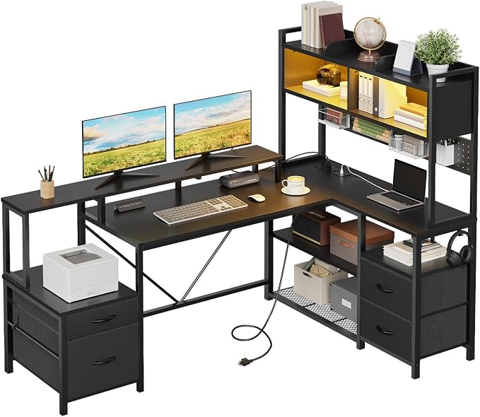 RALGEND 75" L Shaped Gaming Desk with Drawers, Computer Corner Desk with Storage Shelves for Home Office, Gaming Desk with Monitor Stand, Hutch, LED Light & Power Outlet, Black