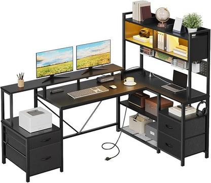 RALGEND 75" L Shaped Gaming Desk with Drawers, Computer Corner Desk with Storage Shelves for Home Office, Gaming Desk with Monitor Stand, Hutch, LED Light & Power Outlet, Black