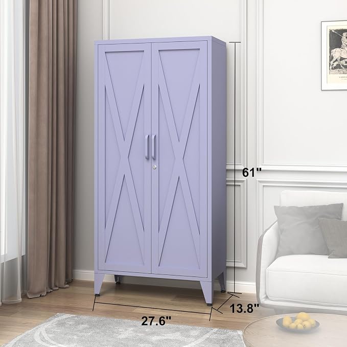 61" H Tall Lockable Steel Storage Cabinet with 2 Doors and 3 Adjustable Shelves,4-Tier Freestanding Metal Locker for Home,Office,Living Room,Gym,Purple 27.6" W x 13.8" D