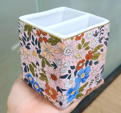 Pen Holder for Desk, Ceramic Pencil Cup, Stylish Abstract Terrazzo Marble Stone Print Organizer Makeup Brush Holders for Home Office (Flower)