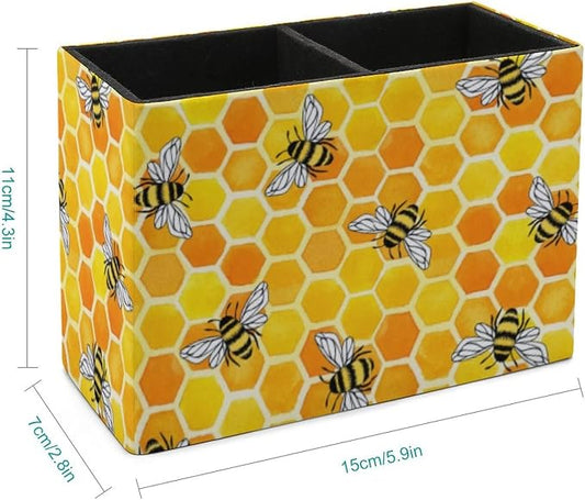 Niapessel Pencil Holder for Desk, Yellow Honeycomb And Bees Pen Holder Storage Desktop Pen Organizer Desk Pencil Organizer Makeup Brush Holder for Office School College Leather