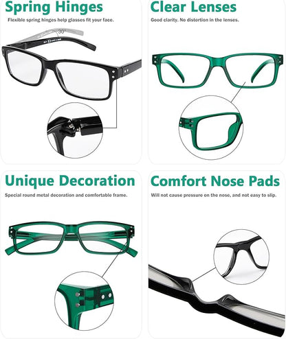 Eyekepper Vintage Eyeglasses for Men - 3 Pairs Black and 2 Pairs Green - Spring Hinges Classic Glasses +0.00