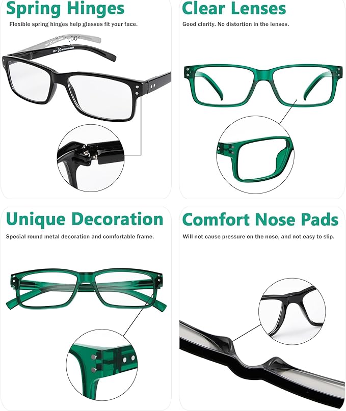 Eyekepper Vintage Reading Glasses for Men - 3 Pairs Black and 2 Pairs Green - Spring Hinges Classic Readers +0.25