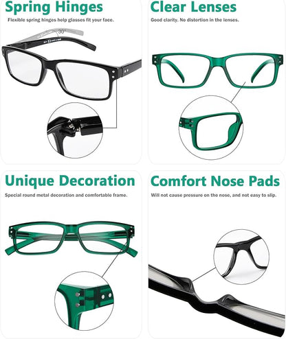 Eyekepper Vintage Reading Glasses for Men - 3 Pairs Black and 2 Pairs Green - Spring Hinges Classic Readers +1.75