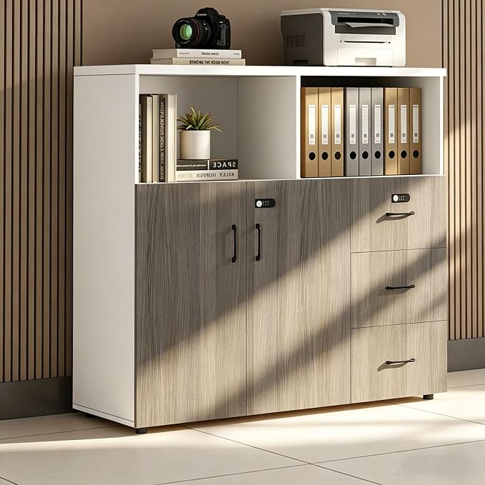 File Cabinet with Password Lock, Wood Lateral Filing Cabinet for Letter/A4 Files, 3 Drawer with Door, Printer Stand with Open Shelves for Home Office