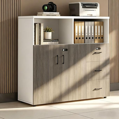 File Cabinet with Password Lock, Wood Lateral Filing Cabinet for Letter/A4 Files, 3 Drawer with Door, Printer Stand with Open Shelves for Home Office