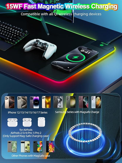 Magnetic Charging Mouse Pad, 31.5x11.81 Inch XL Gaming Mousepad, 11+5 RGB Lighting Modes, Home Office Large Desk Pad with Ultra-Smooth Surface, Non-Slip, Waterproof Keyboard Pad Classic Black Desk Mat