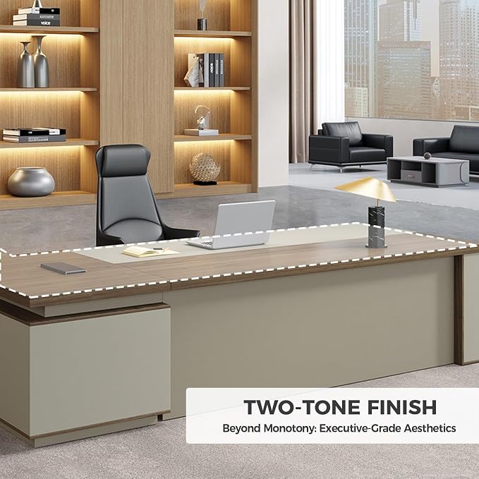 L Shape Executive Desk with Reversible Drawer Cabinet, Lockable Storage & Cable Box, Large Modern Office Desk for CEO or Home Workspace (Black Walnut+Khaki, 95" L*71" W*30" H)