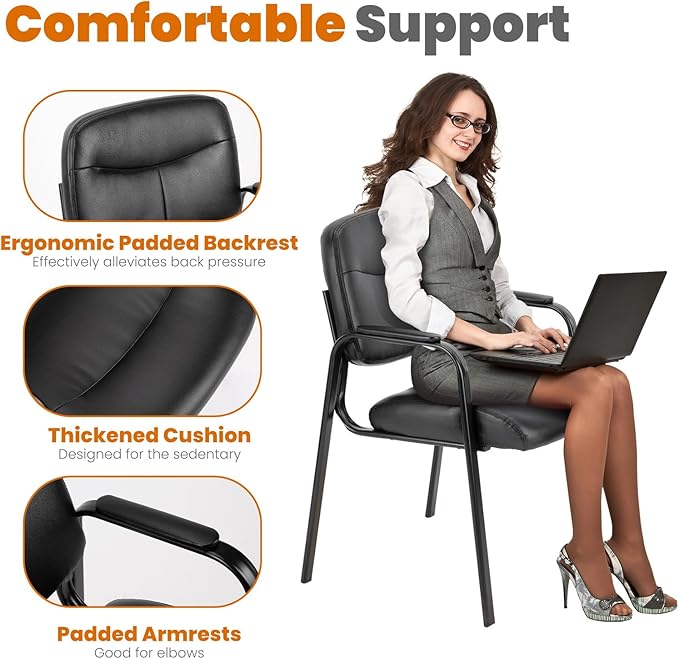 OLIXIS Office Waiting Room Chairs Set of 2, Leather Desk Reception Guest Stationary Side Chair with Padded Arms for Home Conference Meeting Lobby Area Medical Clinic Church