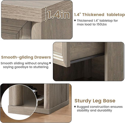Grey Nightstand Set of 2, Farmhouse Modern Night Stand with Drawer & Open Storage Space, Large Bed Side Table for Bedroom Living Room, End Table with Metal Knob, Wooden Bedside Table