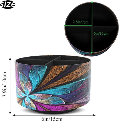 Round Leather Art Supply Organizer,Remote Control Holder,360 Degree Rotating,Multi-Functional Pencil Holder,4 Compartments Desktop Stationary Organizer(1-Fractal Flower) | Round
