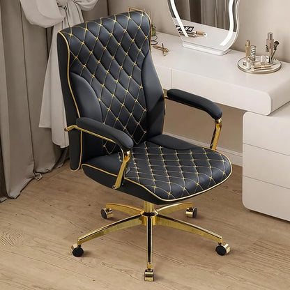 Furniliving Black and Gold Office Chair, Leather Office Chairs, Adjustable Vanity Chair with Golden Legs and Padded Armrest, Modern Upholstered Computer Chair with Wheels,Black