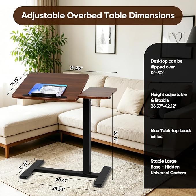 Adjustable Overbed Table with Tilt Board & Wheels, Rolling Bedside Laptop Desk for Hospital Bed Home Office, Height Adjustable Bed Table Tray for Eating Working Reading, 26.18”-42.12”（Brown）