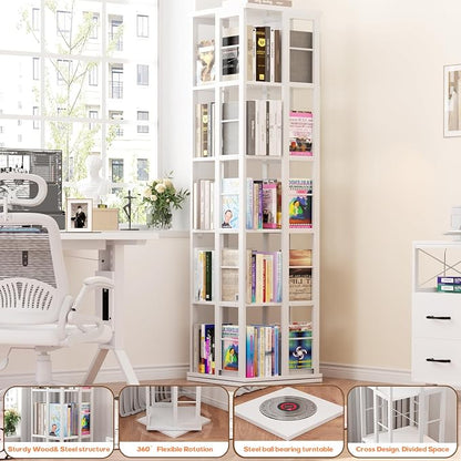 Aheaplus Rotating Bookshelf, Corner Bookcase, 360 Display Wood Spinning Bookshelves, Floor Standing Bookcases Narrow Shelf, 5 Tiers, White