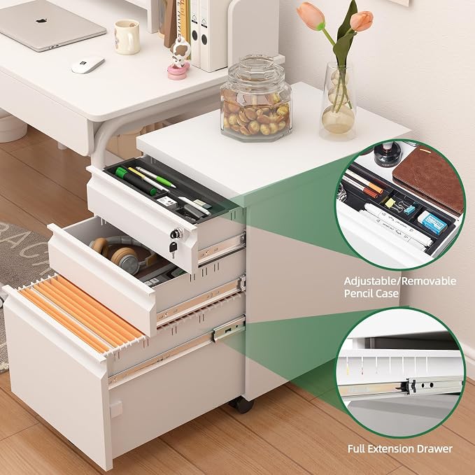 3 Drawer File Cabinet, Metal Printer Stand with Roling Caster, Under Desk Storage for Home Office, File Cabinet with Lock, No Assembly Required, White