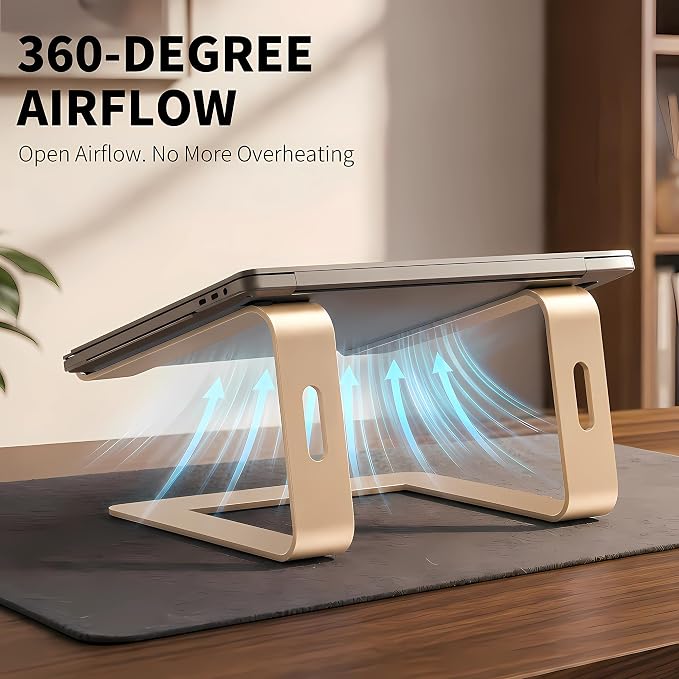 Orionstar Ergonomic Laptop Stand, Premium 5mm Aluminum Riser for 10-15.6 Inch Notebook Computer, Tool-Free Detachable Elevator Holder for Desk Office, Sturdy Riser for Eye-Level Neck Relief (Gold)