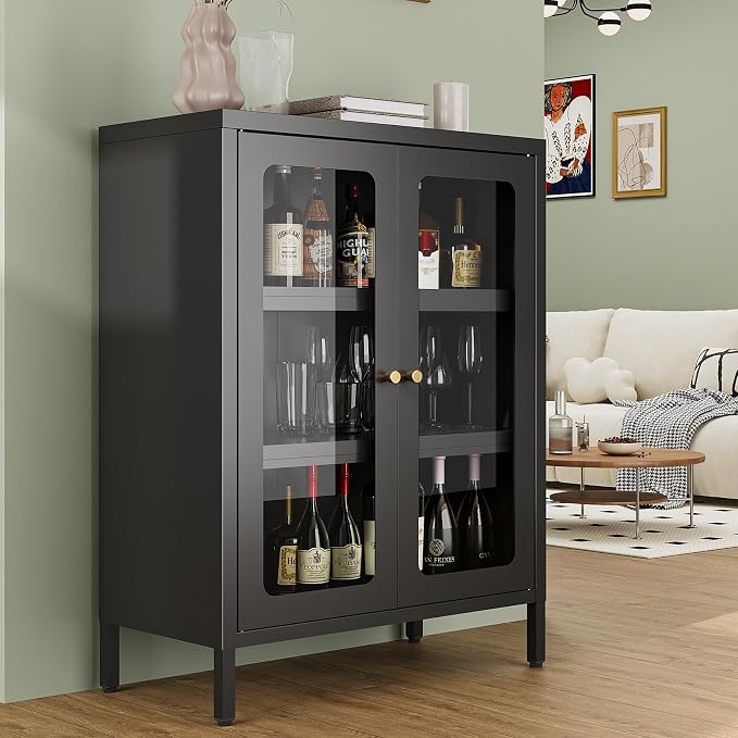 Small Display Cabinet with Glass Doors, 12" Deep Small Curio Showcase with Two Glass Doors, 23.6" Wide Metal Floor Storage Cabinet for Collectibles Books China for Entryway, Home Office, Living Room