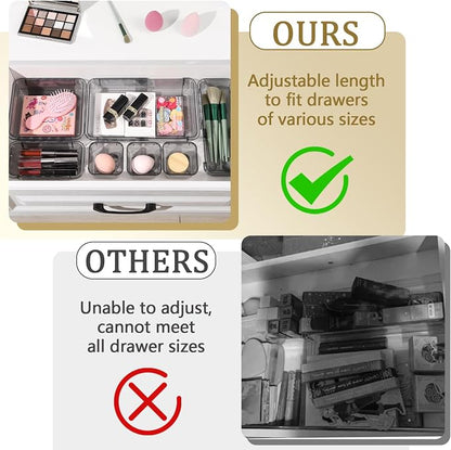 20 Pcs Adjustable Clear Drawer Organizer, Extendable Vanity Storage Bins, Desk Drawer Organizer Set for Makeup, Cosmetics, Bedroom, and Gadgets, Black