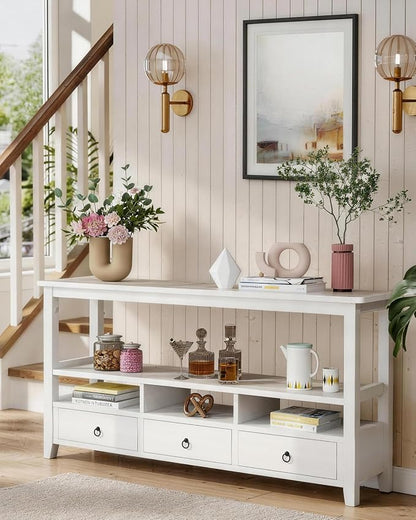 Karl home Console Table with 3 Bottom Drawers, 57.9" W Sofa Side Table Entryway Desk with 3 Storage Cubbies 1 Open Shelf, Vintage TV Stand for Hallway Living Room Office, White 29.9" H