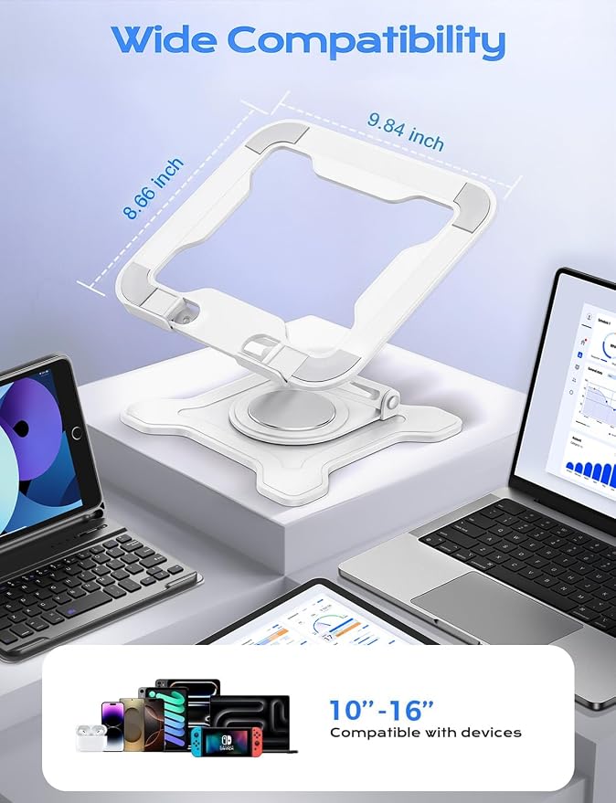 JCZT Adjustable Laptop Stand, 360° Rotating Base Ergonomic Computer Stand, Foldable Laptop Stand for Desk for Office Home Fits Compatible with MacBook Pro Air (10-16") - White