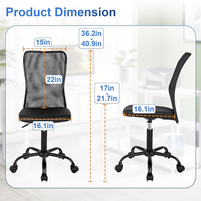 FDW Home Office Chair Mid Back Mesh Desk Chair Armless Computer Ergonomic Task Rolling Swivel Chair Back Support Adjustable Modern with Lumbar Support,Dark Black