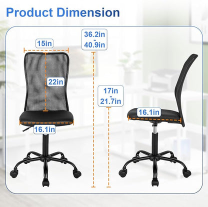 FDW Home Office Chair Mid Back Mesh Desk Chair Armless Computer Ergonomic Task Rolling Swivel Chair Back Support Adjustable Modern with Lumbar Support,Dark Black