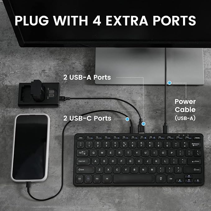 Perixx PERIBOARD-416 Wired Mini USB Keyboard with 4 Hubs - X Type Scissor Keys - Detachable USB-C and A Cable - US English