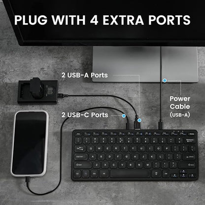 Perixx PERIBOARD-416 Wired Mini USB Keyboard with 4 Hubs - X Type Scissor Keys - Detachable USB-C and A Cable - US English